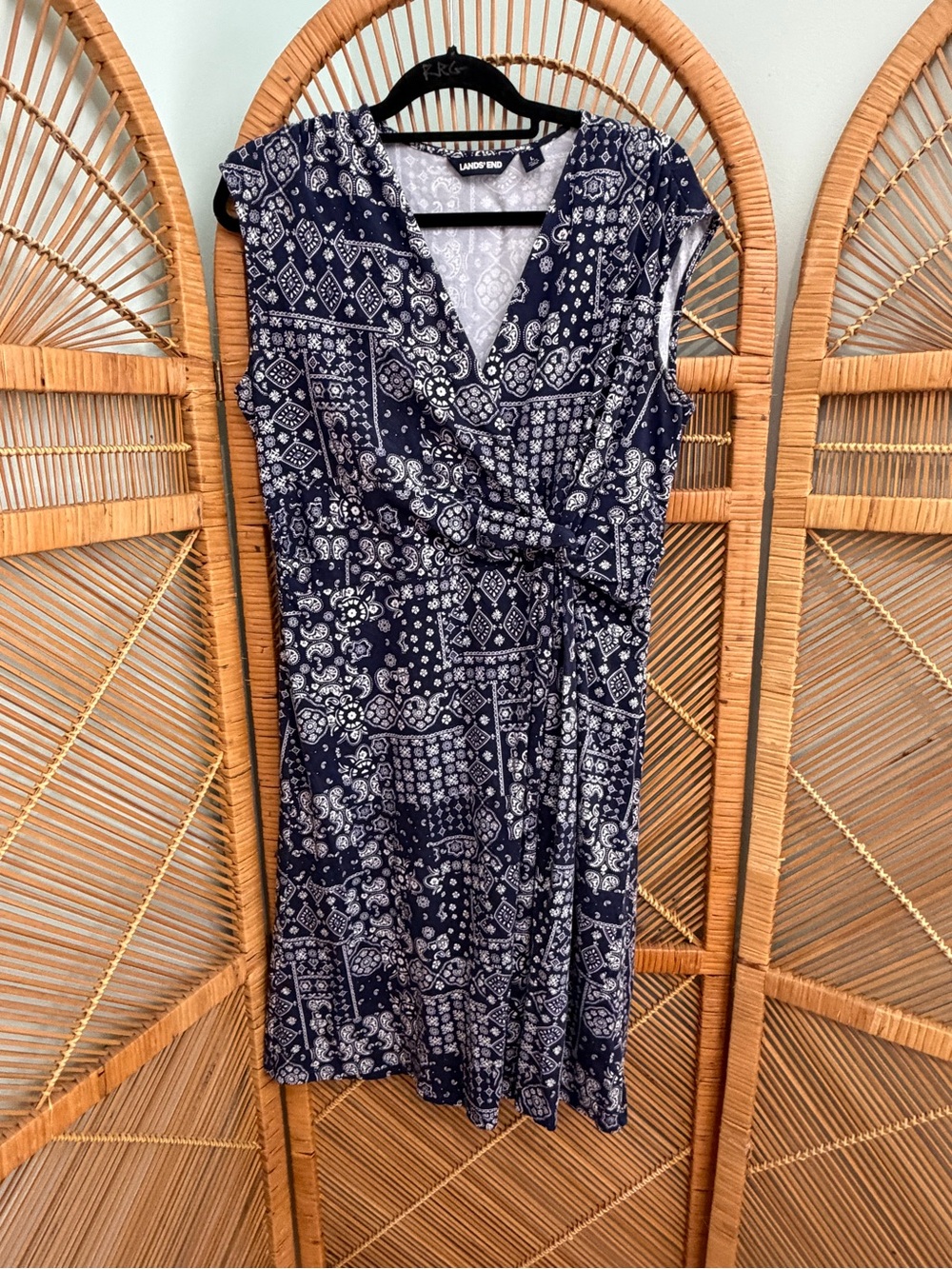 Lands' End Navy and White Bandana Print Midi Dress Size L